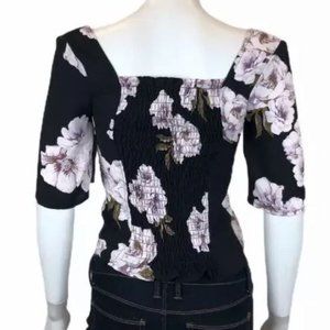 Free Press Crop Top Floral Smocked Blouse Black Pink Purple Off Shoulder M